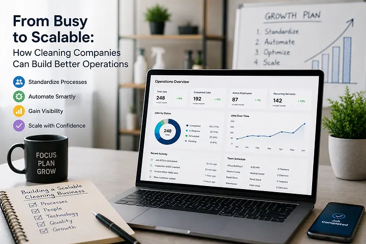 Laptop showing the Vertex Commercial operations overview beside a notebook titled Building a Scalable Cleaning Business and a growth plan whiteboard