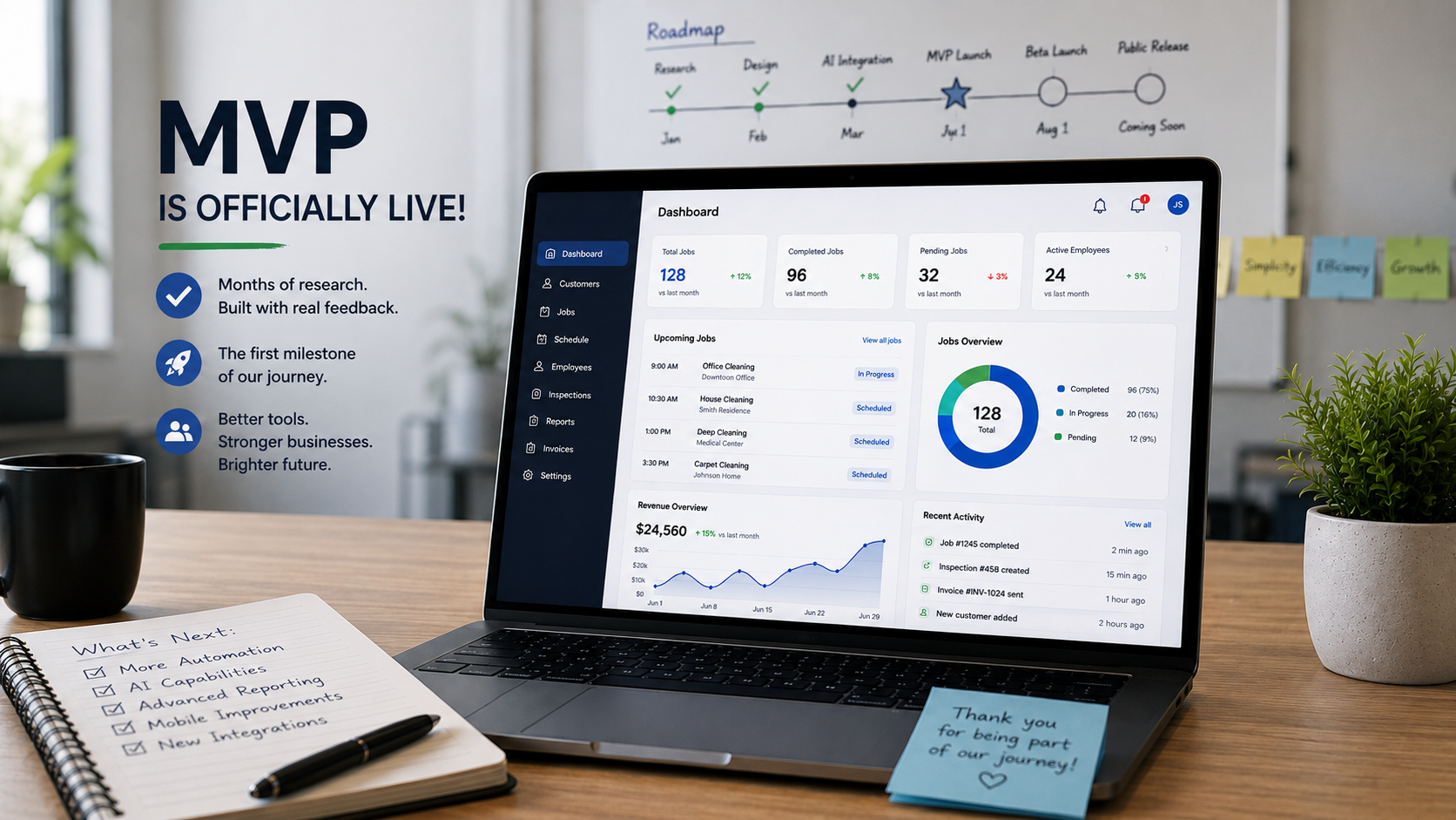 Laptop showing the Vertex Commercial dashboard next to a roadmap whiteboard marking the MVP launch milestone