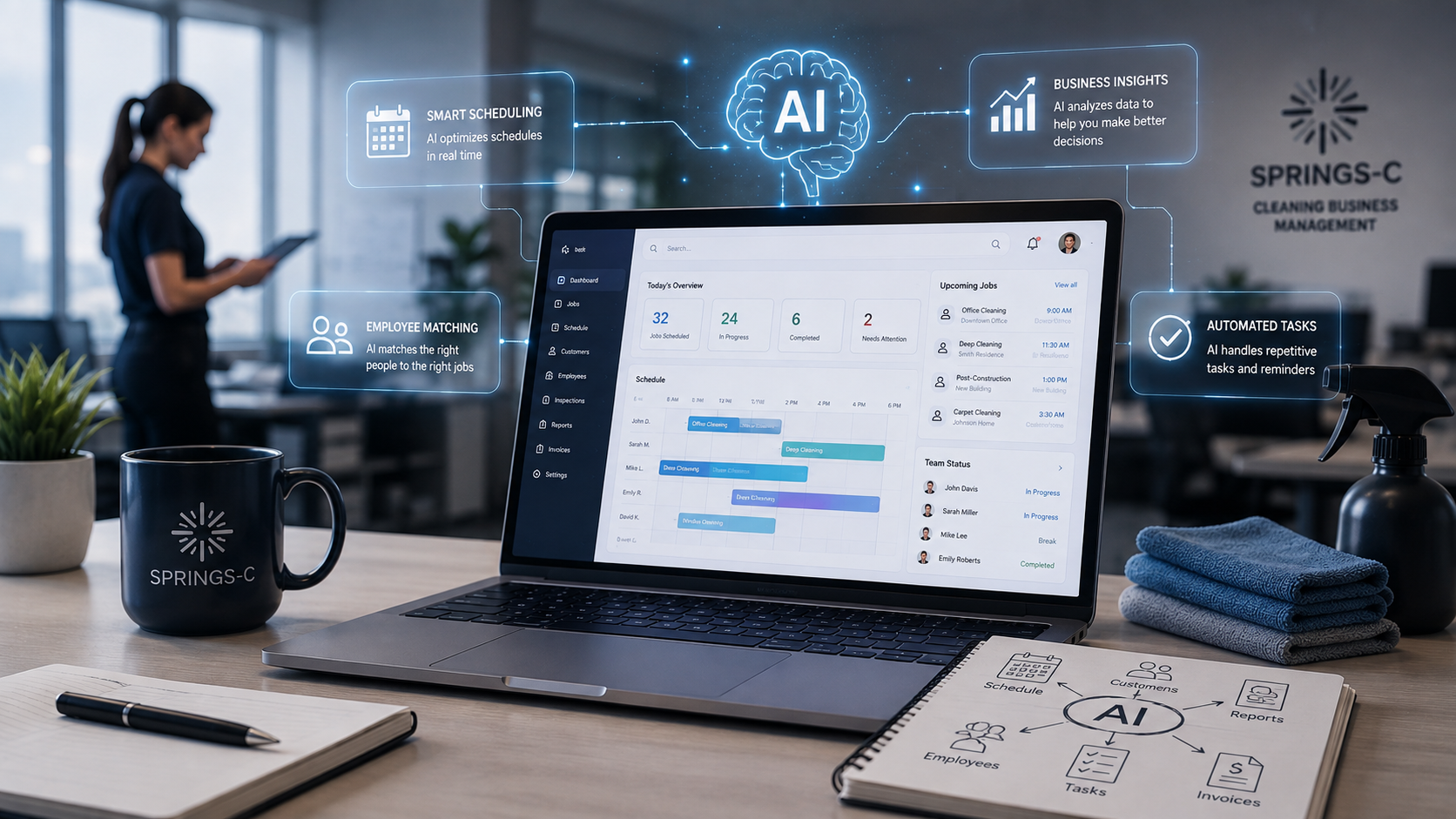 Laptop showing the Vertex Commercial dashboard surrounded by AI concepts: smart scheduling, employee matching, business insights and automated tasks