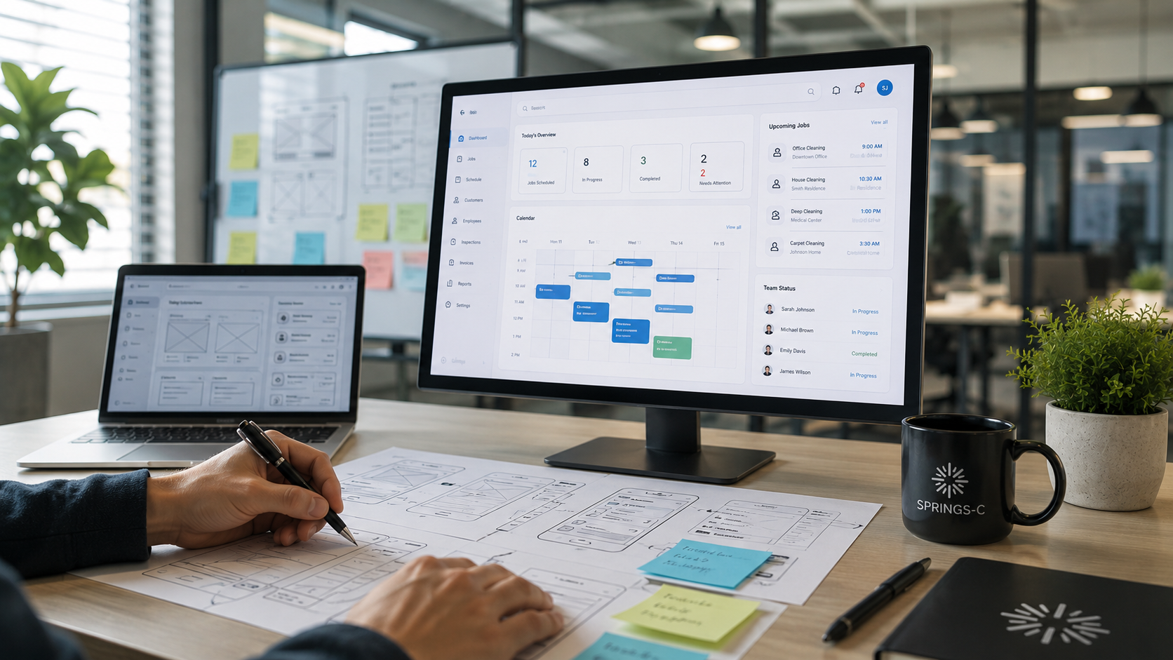 Designer sketching Vertex Commercial interface wireframes at a desk with a monitor showing the scheduling dashboard