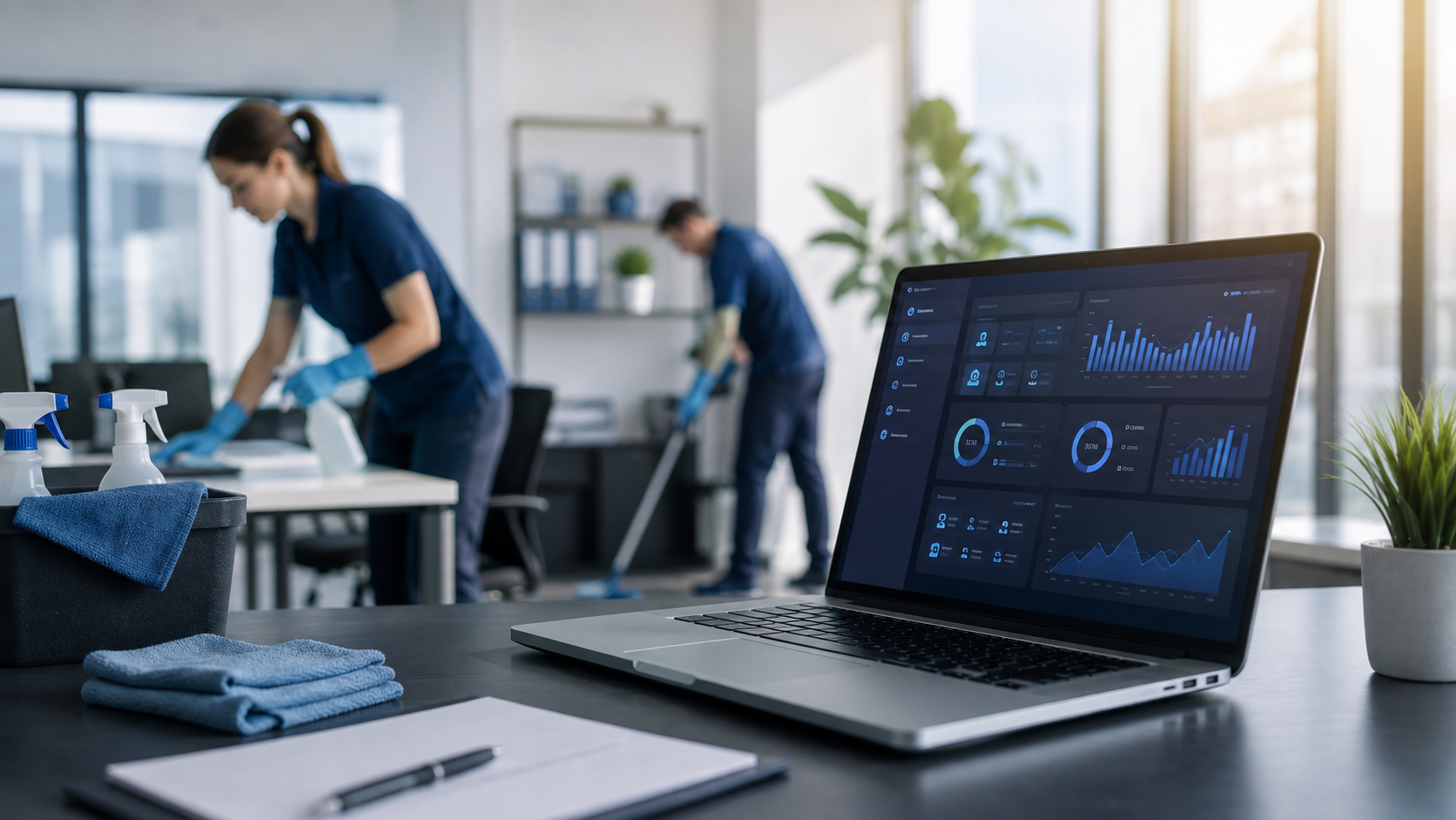 Cleaning team working in a modern office next to a laptop showing an operations dashboard