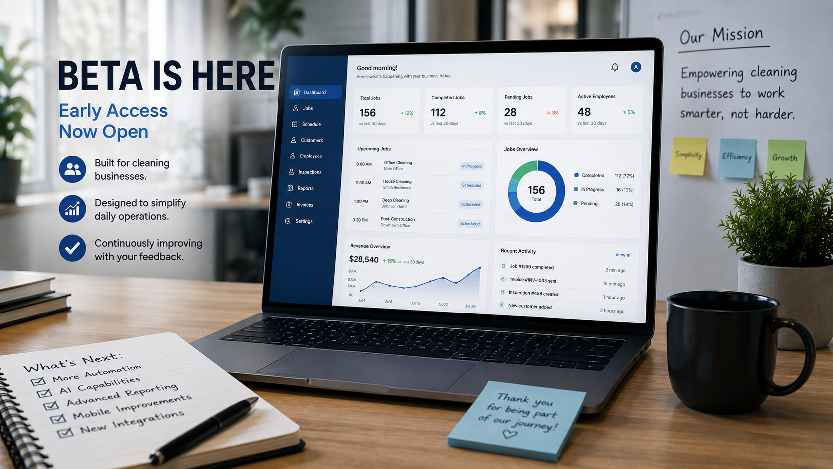 Laptop showing the Vertex Commercial dashboard beside a What's Next checklist, marking the Beta early access launch