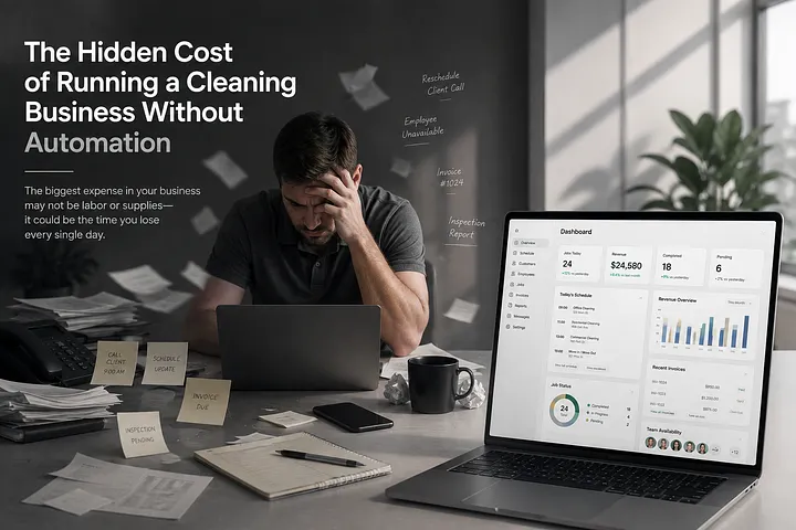 Cleaning business owner surrounded by paperwork and sticky notes beside a laptop showing the Vertex Commercial dashboard